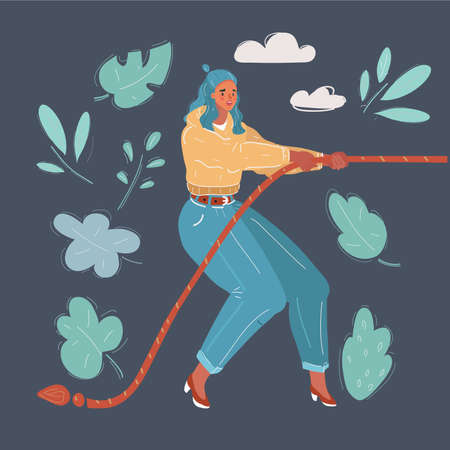 Vector illustration of woman pulling a rope isolated on dark backgroundのイラスト素材