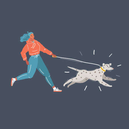 Vector illustration of Woman running with dog on dark background.のイラスト素材