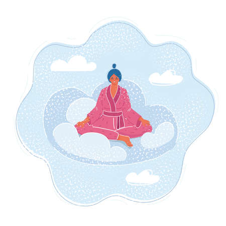 Vector illustration of happy woman on clouds in sky. Female character wear in pink pajamas.のイラスト素材
