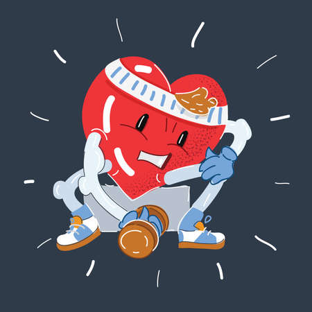 Vector illustration of Strong heart character trains with dumbbells on dark backround.のイラスト素材