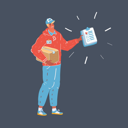 Vector illustration of Delivery concept. Courier holding package in his hand. Man on dark background.のイラスト素材