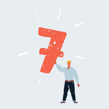 Vector illustration of man holding number 7 seven sign in his hands on white background.のイラスト素材