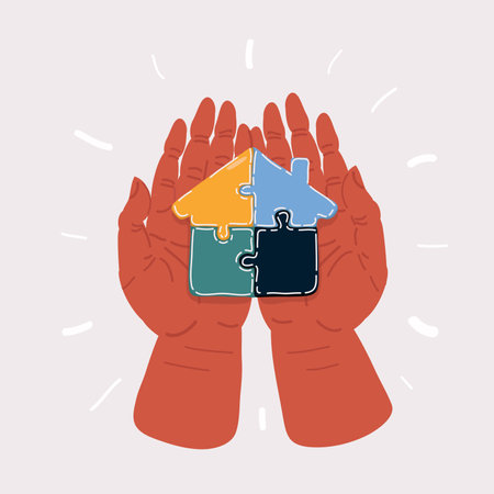 Vector illustration of Illustration of human hand hold assembling jigsaw house shape puzzle on dark background.のイラスト素材