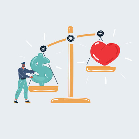 Vector illustration of love vs money. Man makes a choice on white backgroundのイラスト素材