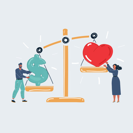 Vector illustration of couple, love vs money. Big sclale with dollar dollar and heart sign on white background.のイラスト素材