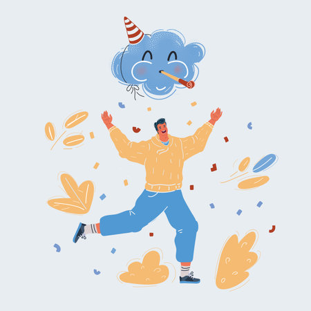 Vector illustration of Party and celebration. Happy man run under magic party clouds who blow horns.のイラスト素材