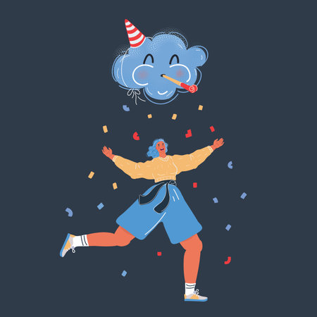 Vector illustration of Birthday party woman run and celebrate on black backgroundのイラスト素材