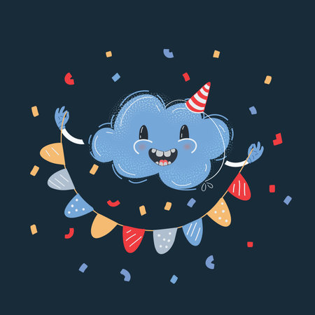Vector illustration of cloud caracter smiling and celebrate with buntings on dark backround.のイラスト素材