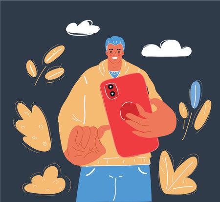Vector illustration of man hold smartphone and take photo or video.のイラスト素材