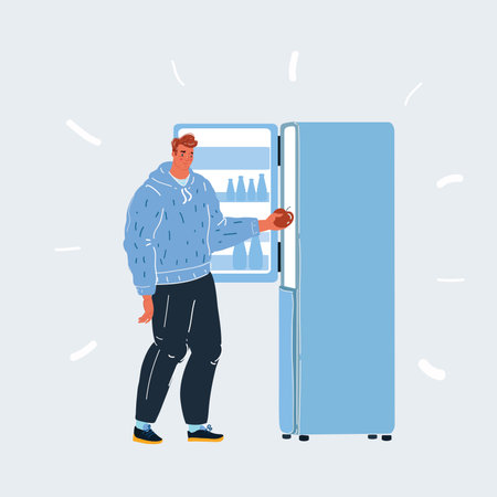 Vector illustration of man with open refrigarator on white backround.のイラスト素材