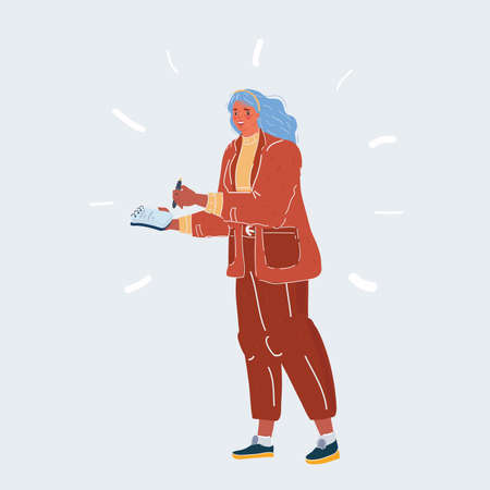 Vector illustration of woman write in notebook paper. Put in ideas, plan, reportのイラスト素材