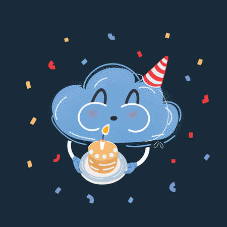 Vector illustration of Cute hand drawn doodle baby shower card. Cloud celebrate with birthday cake on dark background.のイラスト素材