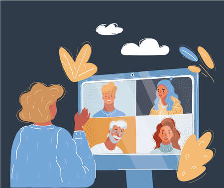 Vector illustration of online conference. Woman speak with another people.のイラスト素材