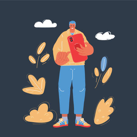 Vector illustration of Man use smarthone on dark backround.のイラスト素材