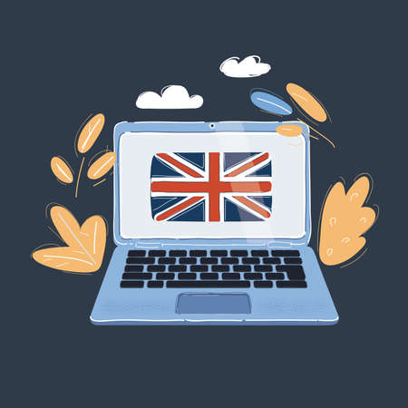 Vector illustration of Learn english concept - laptop with UK flag on screen on dark backround.のイラスト素材