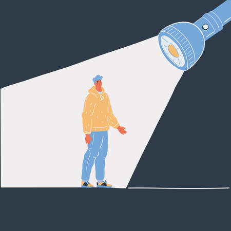 Vector illustration of man stand under flashlight in darkのイラスト素材