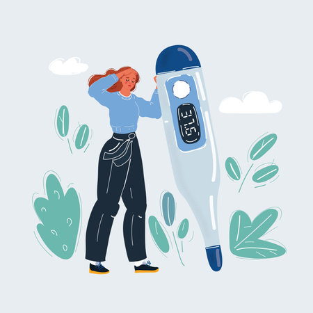 Vector illustration of woman with big giant thermometer. Medicine and health on dark backround. Fever concept.のイラスト素材