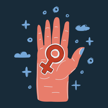 Vector illustration of female icon sign on hand on dark backround.のイラスト素材
