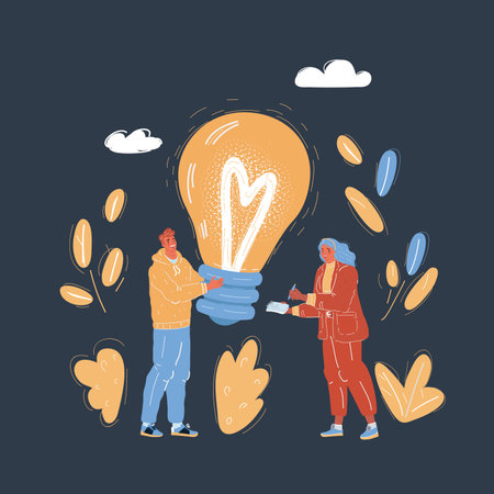 Vector illustration of idea lightbulb, Creative people hold lightbulb. Symbol of Cooperation. Partnership. teamwork. Man and woman on dark backround.のイラスト素材
