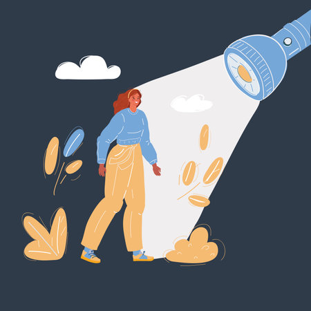 Vector illustration of woman stand in flashlight, searching, choice concept on dark backround.のイラスト素材