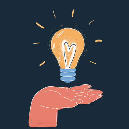 Vector illustration of reach idea with bulb light in hands human hand on darkのイラスト素材