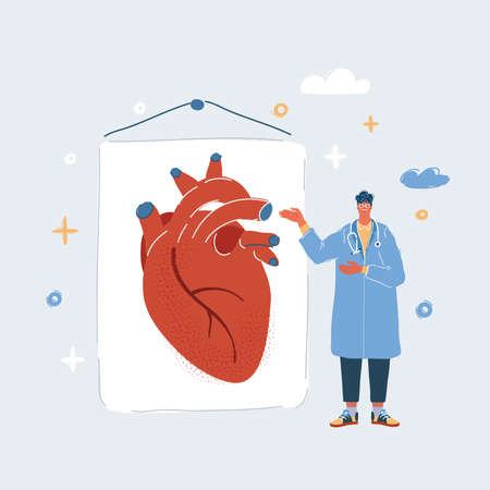 Vector illustration of big poster with heart doctor who talk about it on white backround.のイラスト素材