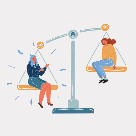 Vector illustration of two women on the scales. Balance symbol. Job, envious, jealousy, low self-esteem. Ð¡omparing herself to others person on white background.のイラスト素材