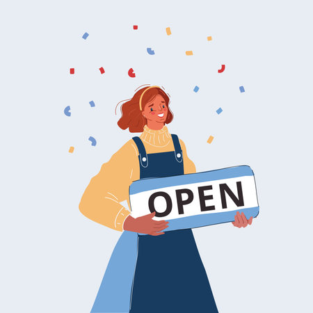 Vector illustration of Small Business owner woman with Open sign on white background.のイラスト素材