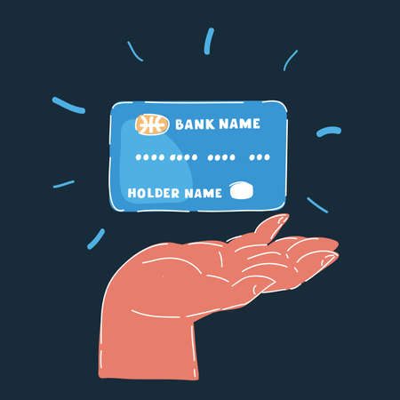 Vector illustration of Woman hand holding plastic credit card on dark backround.のイラスト素材