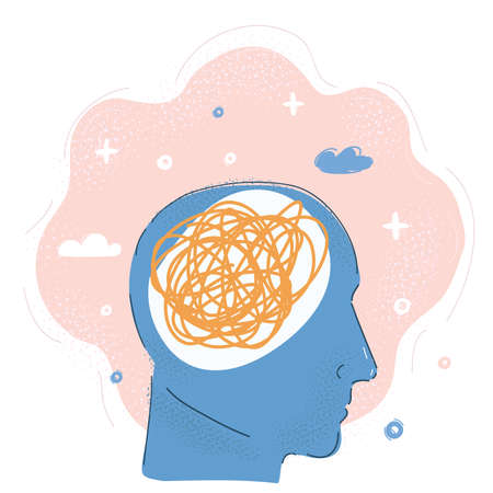 Vector illustration of The Human Mind. Man s head tangled up with threads of string - mental health...
