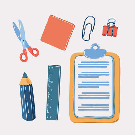 Vector illustration of office tools set. Scissors, sticker pack, pencil, tablet, paper clip, paper holder, rulerのイラスト素材