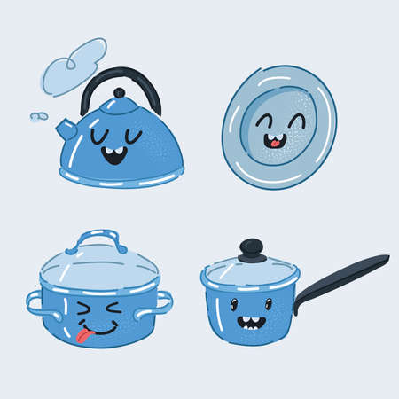 Vector illustration of Set of Funny Pans Smilies. Kettle, stewpan, saucepan, plate on white.のイラスト素材