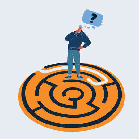 Vector illustration of Help person find a way. Man think how to pass the maze. Question in his head on white backround.のイラスト素材