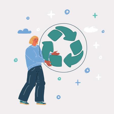 Vector illustration of People take care of environment. Woman hold big recycle sign in her handsのイラスト素材
