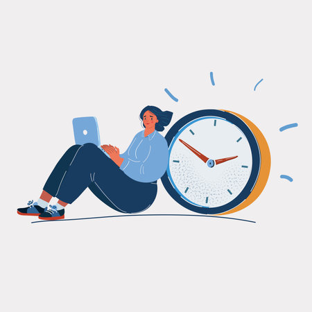 Vector illustration of Office worker sitting near big clock and working on the computer.のイラスト素材