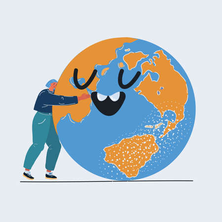Vector illustration of Young Woman Embracing a Giant smiling Globeのイラスト素材