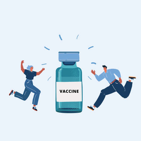 Vector illustration of Patient run to Vaccination. Big bottle with the vaccine and tiny peopleのイラスト素材