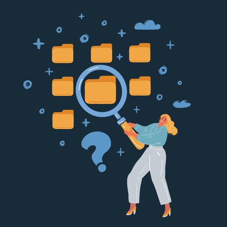 Vector illustration of woman looking through a magnifying glass at documents, search and analysis on dark backround.のイラスト素材