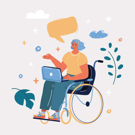Vector illustration of A young woman is sitting in a wheelchair and working at laptop. A disabled person works in an office.のイラスト素材