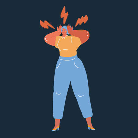 Vector illustration of Stress woman having a migraine headache holding her head in pain and stress over dark backround.のイラスト素材