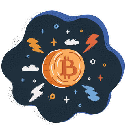 Vector illustration of Bitcoin sign icon for internet money. Crypto currency symbol and coin image on dark backround.のイラスト素材