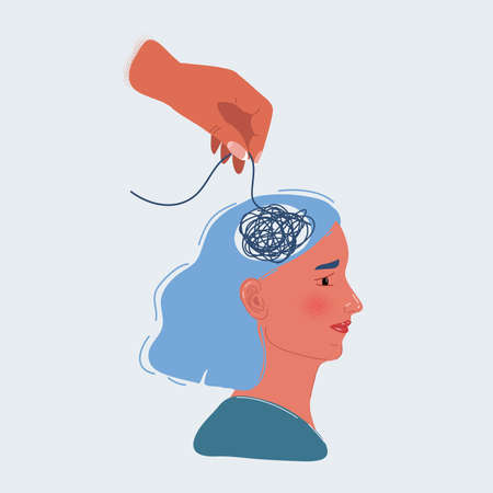 Vector illustration of young woman with worried stressed face expression and mess in brain.