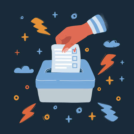 Vector illustration of Hand putting a voting ballot in a slot of wooden box over dark backround.のイラスト素材