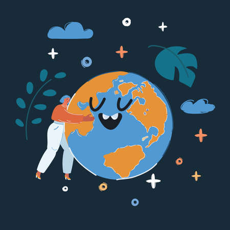 Vector illustration of woman hugging planet over dark backround.