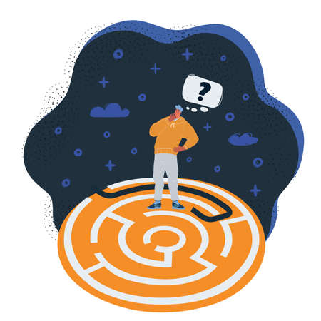 Vector illustration of man try to find a path through a maze puzzle to a solutionのイラスト素材