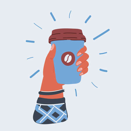 Vector illustration of paper cup of coffee in human hand. Takeaway orders.のイラスト素材