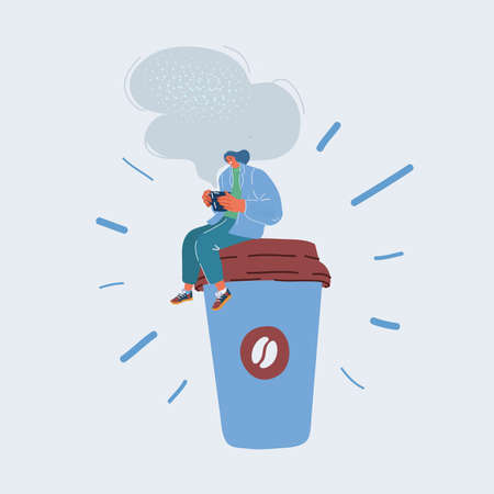 Vector illustration of woman drink coffee sitting at big cupのイラスト素材