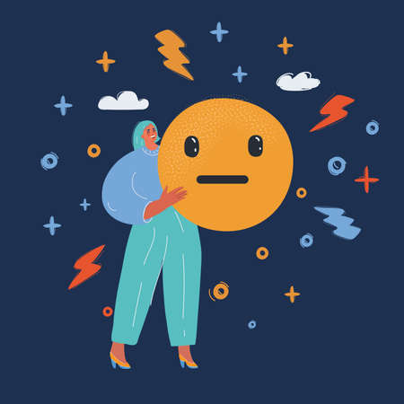 Vector illustration of woman hold Smiley face icon in her hands over dark backround.