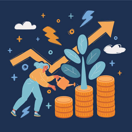 Vector illustration of Girl watering a plant with coins, capital growth, business success over dark backround.のイラスト素材