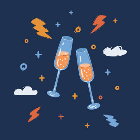 Vector illustration of Two glasses of champagne over dark backround.のイラスト素材